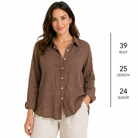 Joie Tops - Joie 100% Linen Brown Button Up Long Sleeve Shirt Career Coastal Dressy sz M